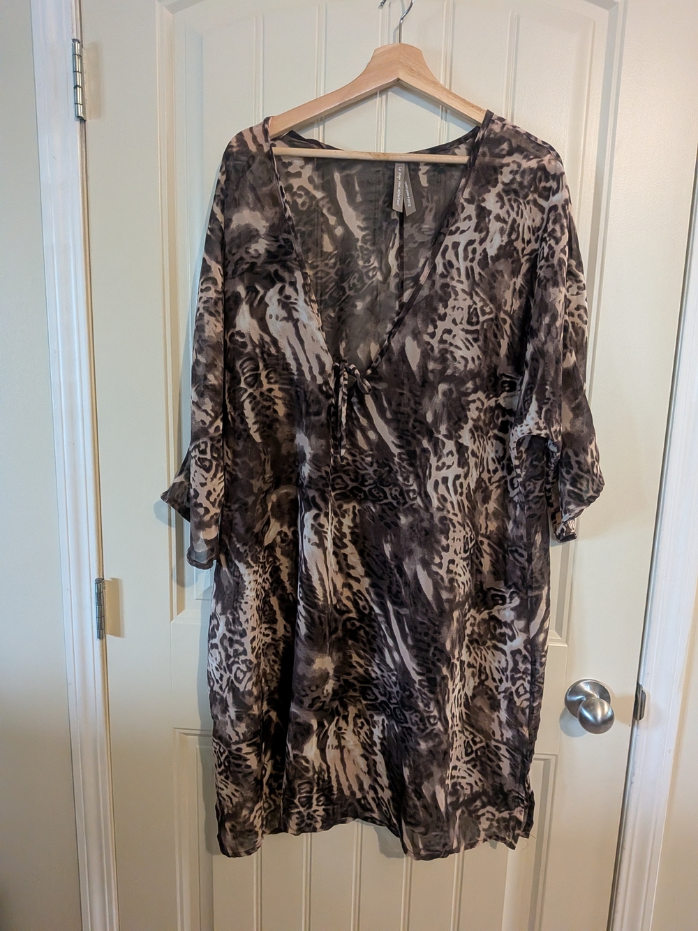 NWOT Sheer Animal Print V-Neck Tunic Cover Up Or Top In Taupe & Black